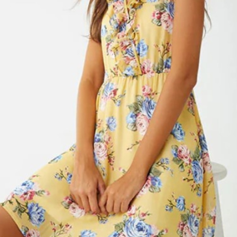 🏷️Floral Chiffon Mini Dress - Yellow / Size:L